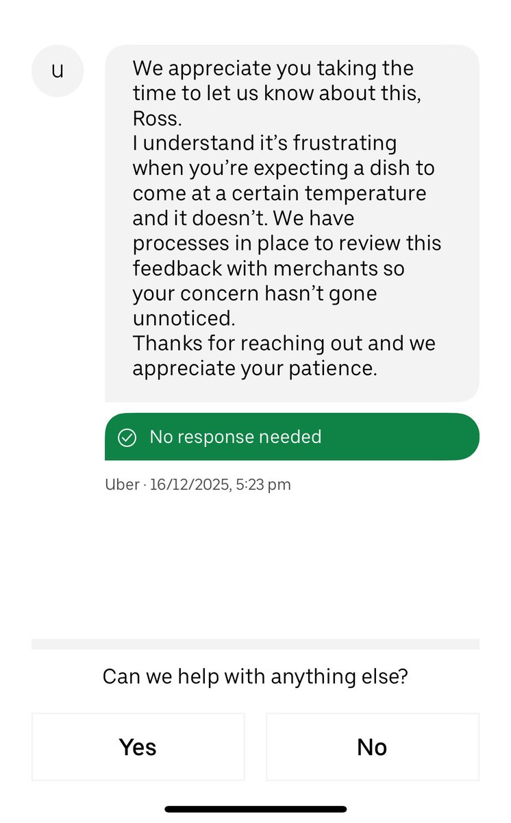Nothing says bad customer service more than bots sending the repeated reply in the same message chat - <a href="/UberEats/">Uber Eats</a> you still haven’t sorted it, you are pathetic #fail