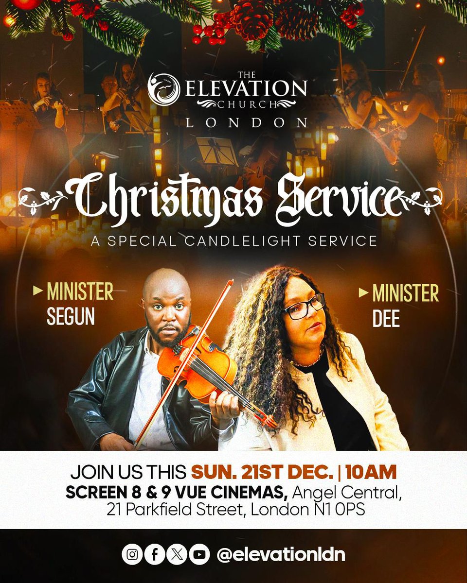 elevationldn's tweet photo. This Sunday, our Christmas Candlelight Service 

A beautiful time of worship, reflection, and special guest performances as we celebrate the birth of Jesus.

🗓 Sun. 21st Dec | 10AM
📍 Vue Cinemas, Angel Central

If you see this, don't scroll past it, share with someone and we have a seat reserved for you