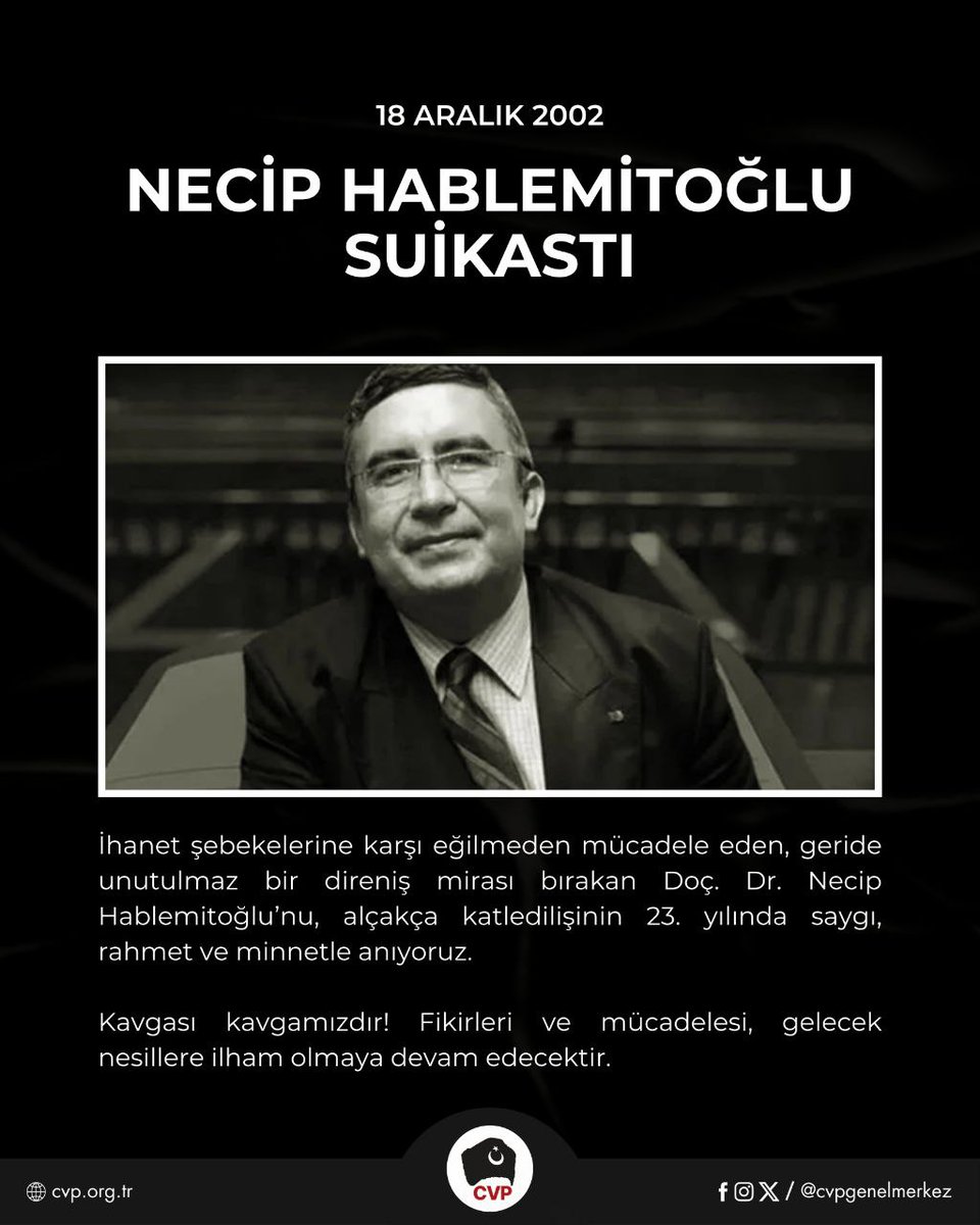 18 ARALIK 2002 – NECİP HABLEMİTOĞLU SUİKASTI 

Aydın ve Cumhuriyetçi kimliğiyle, kaleme aldığı eserlerle Türk milletine ışık tutan Doç. Dr. Necip Hablemitoğlu’nun hain bir suikast sonucu aramızdan koparılışının üzerinden 23 yıl geçti. 

Hablemitoğlu, yıllar önce devletin kılcal