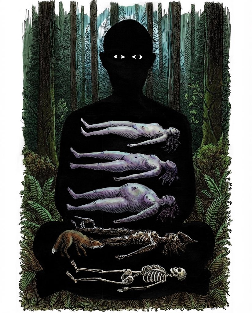 لوحة الرسام و الكاتب الامريكي Landis Blair (لانْدِس بلير) ضمن سلسلة الـ memento mori (تذكير بالموت) والـ vanitas (رموز الفناء): تذكيرٌ  لطيف بمسحة مأساوية بأن «الزمن يأكلنا». لكنّ الغابة تُحوِّل التقليد الأخلاقي إلى استعارةٍ بيئية: لسنا ضحايا الموت فحسب، بل غذاءٌ لحياةٍ أخرى.

في