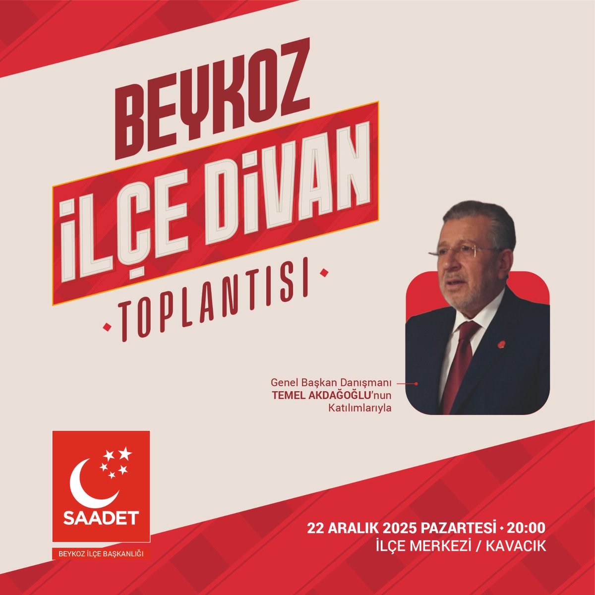 Beykoz İlçe Divan Toplantısı

Genel Başkan Danışmanı TEMEL AKDAĞOĞLU’nun katılımlarıyla

🗓 22 Aralık 2025 | Pazartesi
⏰ 20.00
📍İlçe Merkezi | Kavacık