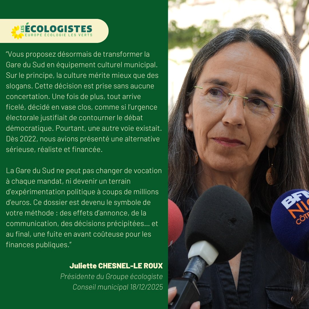 NiceEcolo's tweet photo. En Conseil municipal, l'élue écologiste @JulietteChesnel intervient sur le projet de centre culturel à la Gare du Sud 👇 https://t.co/tmHMnUKjEy