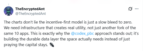 TheEncryptedAnt's tweet photo. Just shared some thoughts on why @codexfx is the fresh thinking Web3 needs. No slop, just pure infrastructure. 🐜 #Codex #DataDurability https://t.co/iJ1bumuUTU
