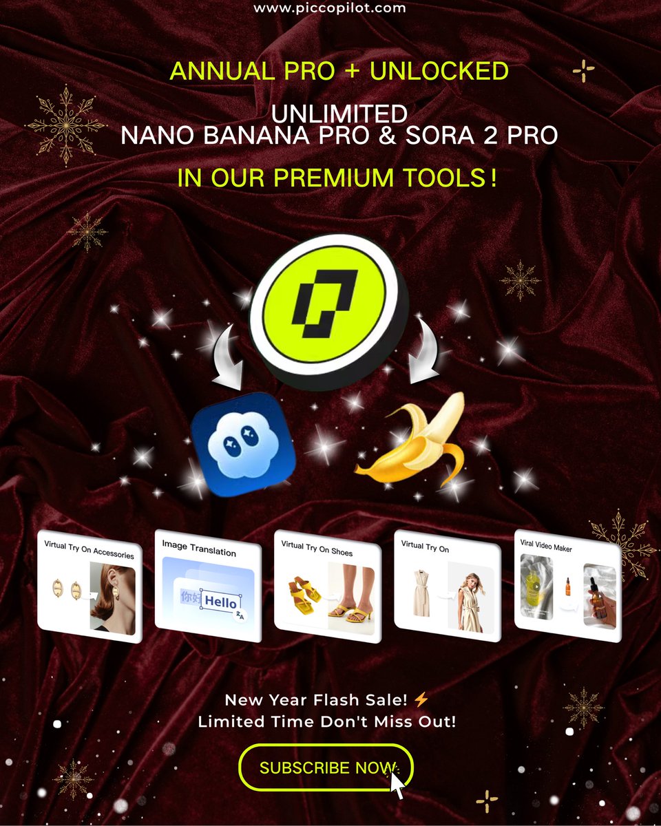 PicCopilot's tweet photo. Kick off 2026 by supercharging your creativity⚡️

Our Annual Pro+ is officially UNLOCKED. Get the ultimate creative toolkit:

🍌 Unlimited Nano Banana Pro 
🔥 Sora 2 Pro

Turn those resolutions into creations🚀

Link in Bio 🔗

#ai #nanobanana #SORA2 https://t.co/OFMM6b7RCR