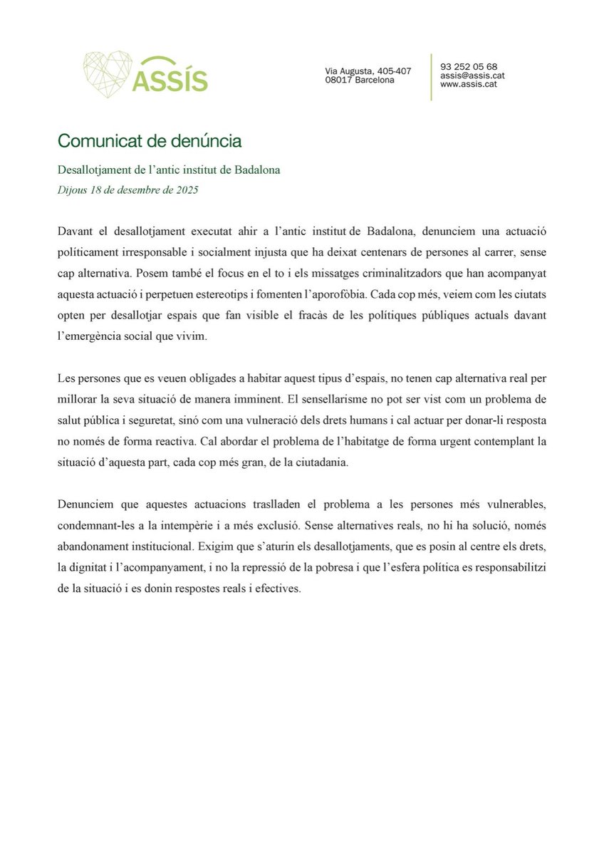 CentreAssis's tweet photo. 🔴 Comunicat de denúncia. 

⬇️ Desallotjament de l’antic institut #B9 de Badalona. https://t.co/RUgkOf4U6y