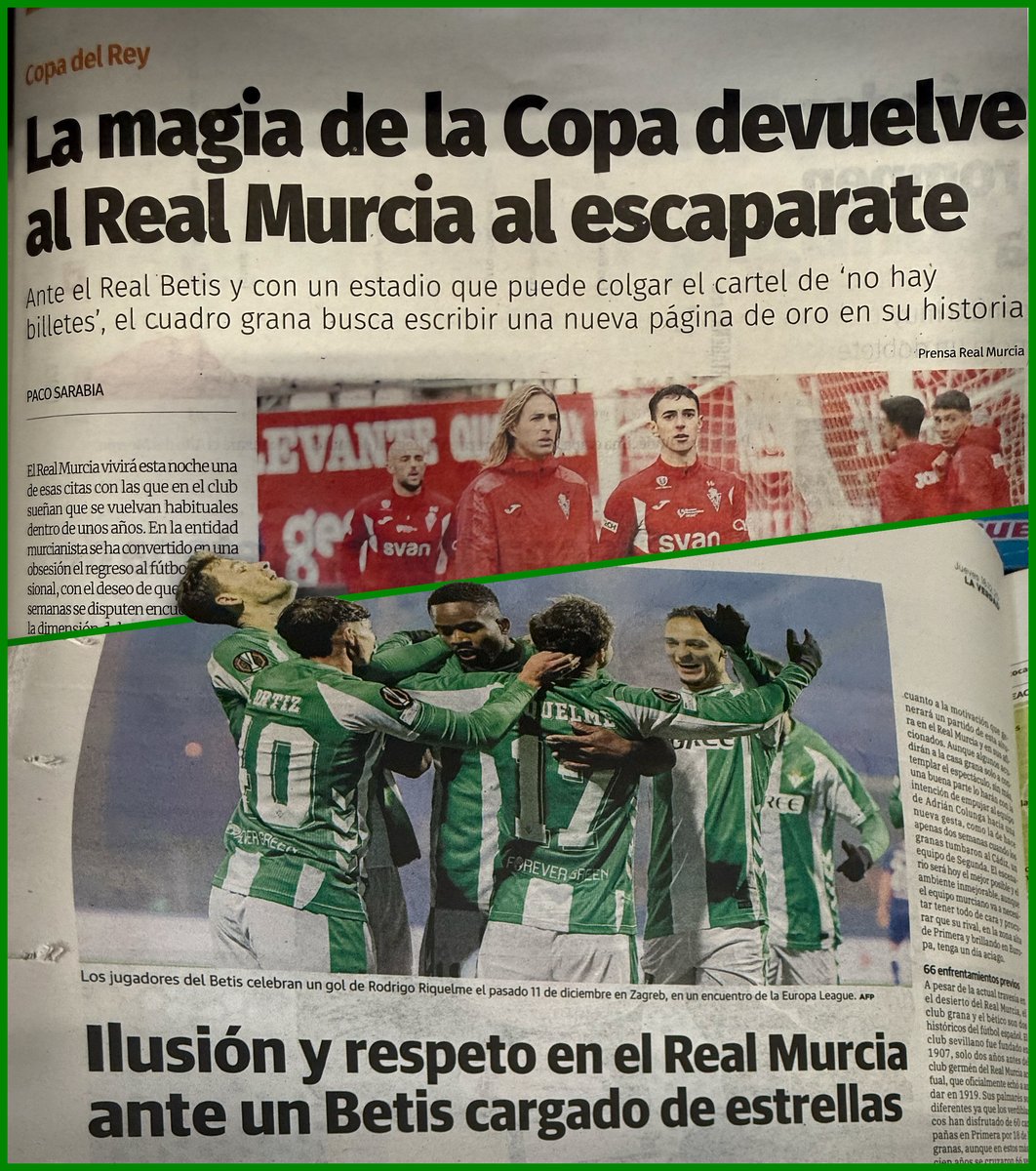 Así amanece Murcia hoy ☺️🗞️

¡Cuánto nos alegra reencontrarnos y comprobar que seguís dando guerra, <a href="/realmurciacfsad/">Real Murcia CF</a>! ❤️🏆💚

#DíaDeBetis #RealMurciaRealBetis