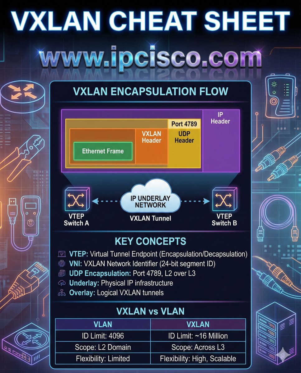 ip_cisco's tweet image. VXLAN CHEATSHEET!!!✨✨IPCisco.
.
VXLAN is the abbreviation of Virtual Extensible LAN. It is a network virtualization technology developed by Internet Engineering Task Force.

Learn More: ipcisco.com/lesson/virtual…
.
#ccna #network #cisconetworking #network engineer