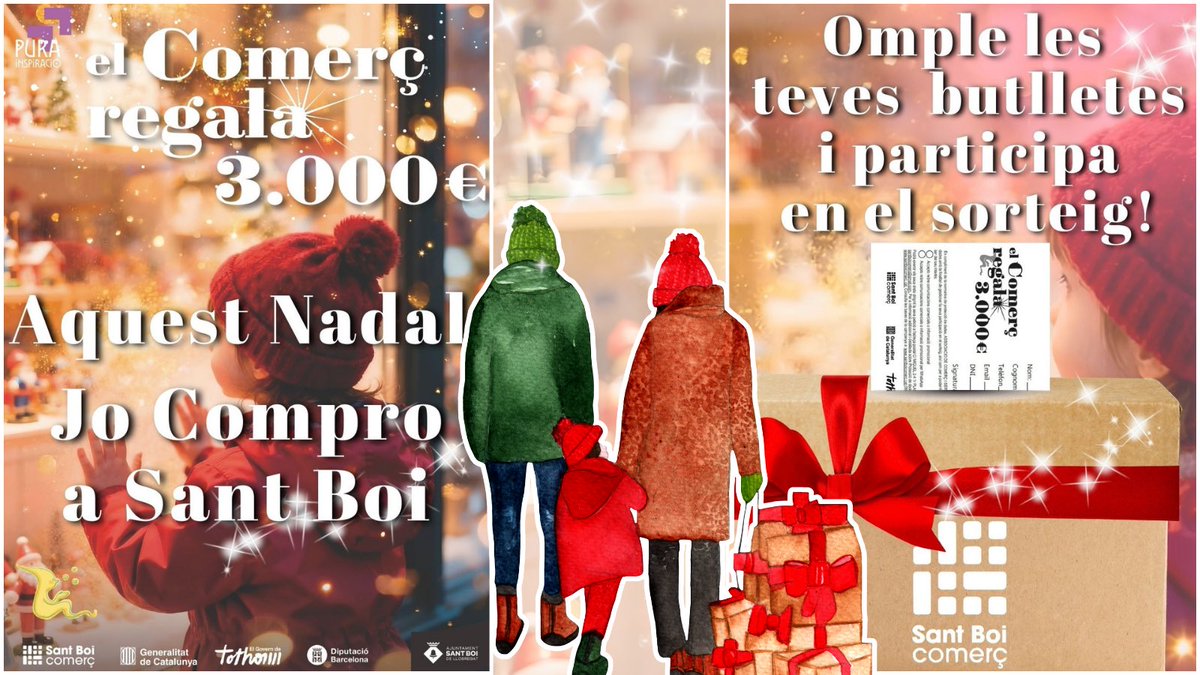 Campanya de Nadal 25-26 
“Aquest Nadal, Jo Compro a Sant Boi”
🎁El Comerç regala 3.000 €

👉1 premi de 1.000 € en vals de compra. 3 premis de 500 € en vals de compra. 5 premis de 100 € en vals virtuals targeta fidelització.
Consulteu les bases a: 🔗santboicomerc.cat