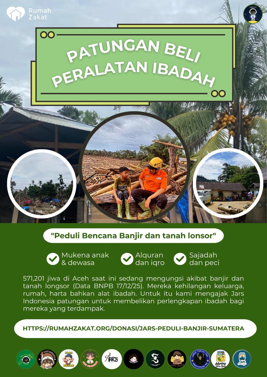✨️ Jars Peduli Banjir Sumatera ✨️

Sebanyak 571.201 jiwa di Aceh saat ini mengungsi akibat banjir dan tanah longsor (Data BNPB Rabu, 17 Desember 2025). Mereka kehilangan keluarga, rumah, harta benda bahkan alat ibadah. Karena itu kami mengajak Jars Indonesia untuk patungan