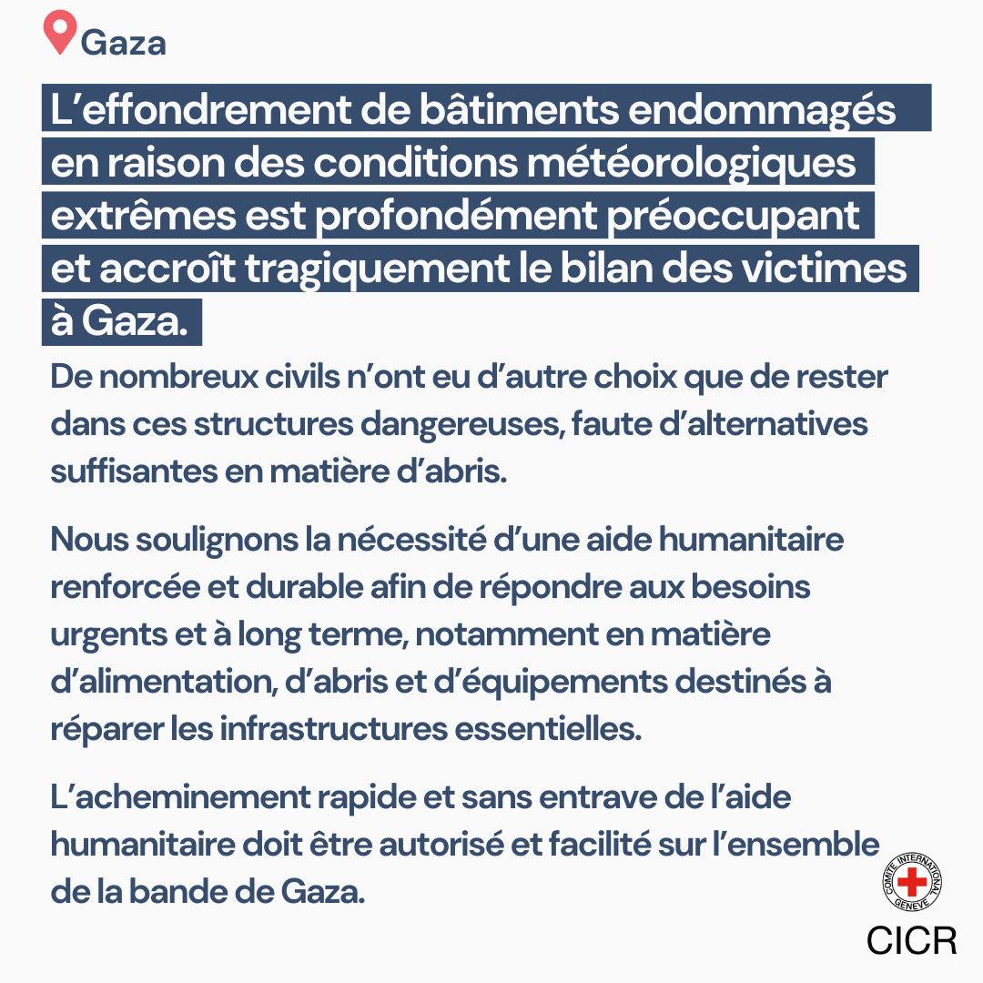 CICR_fr's tweet photo. Des conditions météorologiques extrêmes provoquent l’effondrement de bâtiments déjà endommagés à Gaza, entraînant de nouvelles pertes en vies humaines.

Il est impératif d’acheminer davantage d’aide humanitaire, notamment des abris durables. https://t.co/eRlRZJffti