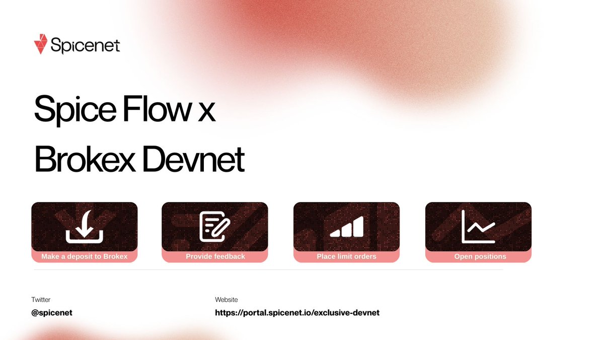 imbanytui's tweet image. 🔥🌶️Important news!🌶️🔥

The first ever Spice Flow #Devnet is officially launched, featuring Brokex!

What's the deal? 
@spicenet is revolutionizing cross-chain interactions, and @BrokexFi is the perfect place to see it in action
Now you can trade on Brokex directly, quickly, and…
