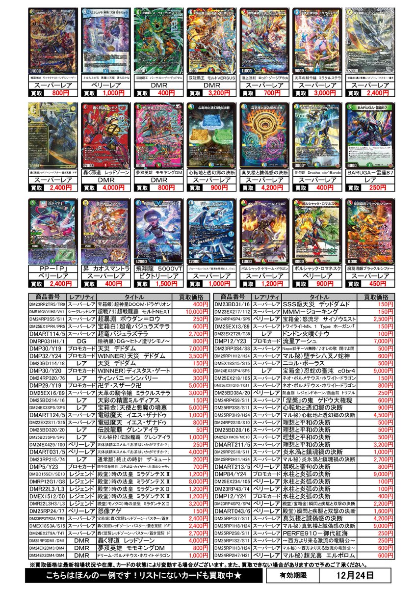 今週のデュエルマスターズの買取チラシを更新しました。 なお、相場