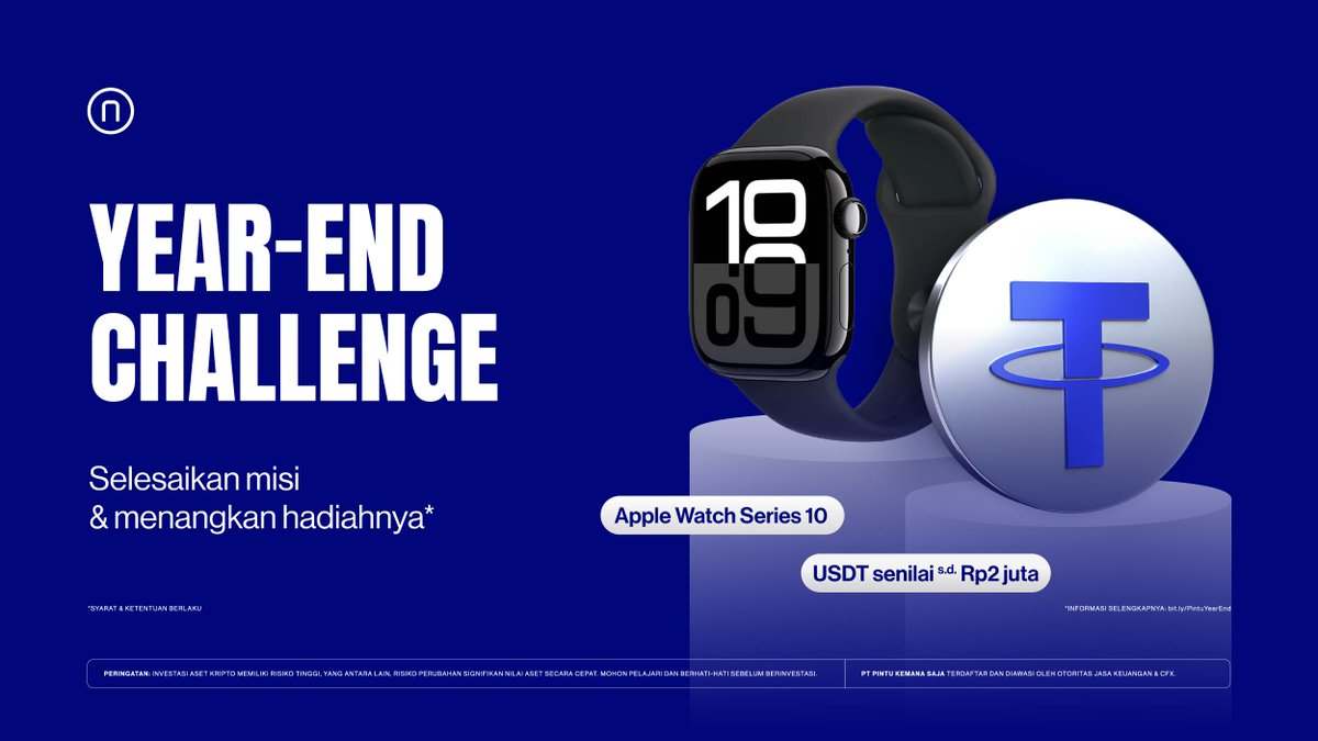 Halo Teman Pintu!

Ini dia kejutan yang Mintu udah siapin, yaitu Pintu Year-End Challenge 🎉

Ada hadiah berupa Apple Watch Series 10 buat 1 pemenang beruntung dan 2 juta rupiah dalam bentuk USDT buat 20 pemenang beruntung yang telah menyelesaikan Pintu Year-End Challenge!

Cara