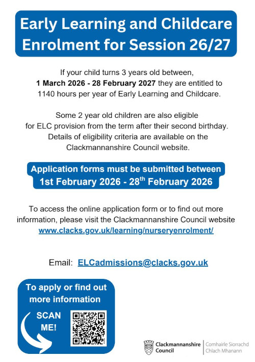 ClacksCouncil's tweet photo. The Early Learning and Childcare enrolment window will be open between 1-28 February. For more information, please visit our web page via this link: https://t.co/Vh8Wn5YHby @ClacksEducation @ClacksTRF @AlloaCC @AlvaCommCouncil @MenstrieC @DollarCouncil https://t.co/s5FgJO7dDi
