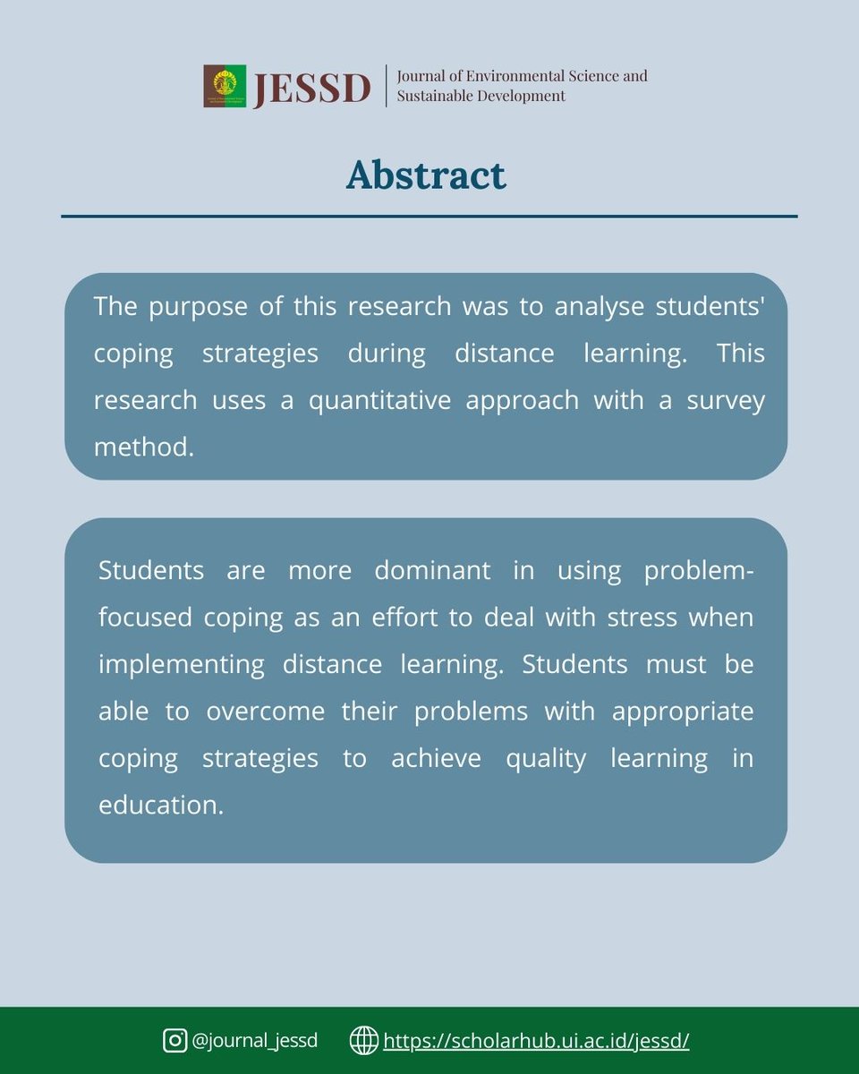 JournalJESSD's tweet image. STUDENTS’ DISTANCE LEARNING COPING STRATEGIES: AN ANALYSIS FROM THE PERSPECTIVE OF SDG NUMBER 4

The purpose of this research was to analyse students' coping strategies during distance learning.

#JESSD #EnvironmentalScience #Research