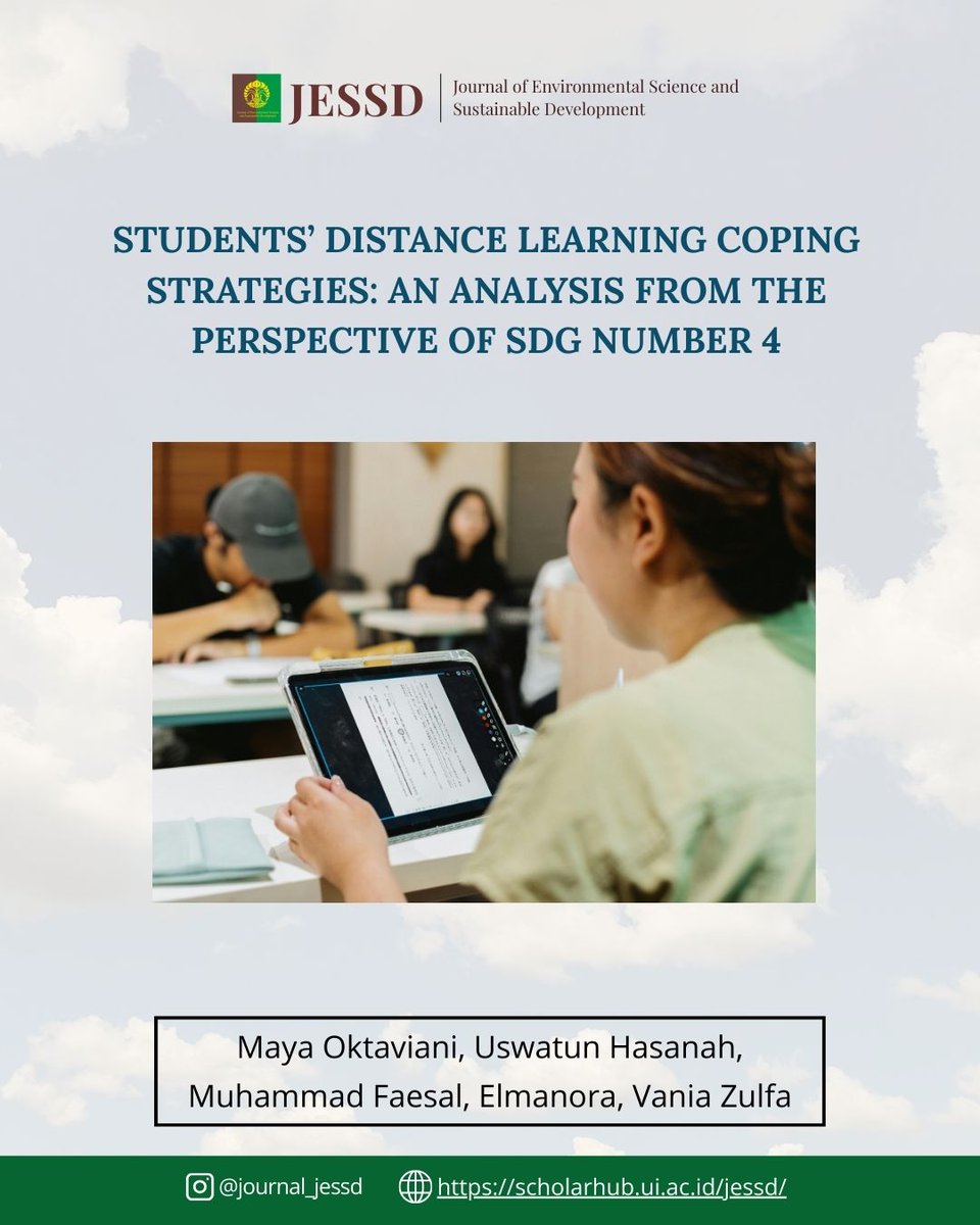 JournalJESSD's tweet image. STUDENTS’ DISTANCE LEARNING COPING STRATEGIES: AN ANALYSIS FROM THE PERSPECTIVE OF SDG NUMBER 4

The purpose of this research was to analyse students' coping strategies during distance learning.

#JESSD #EnvironmentalScience #Research