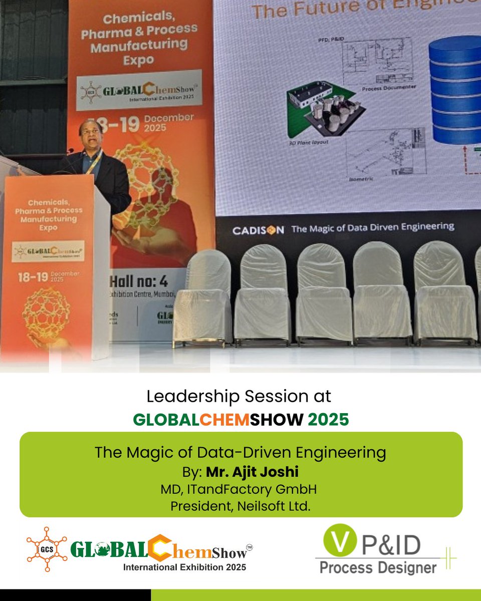 🎤✨ Big moment at Global Chem Show 2025!
Our Managing Director, Mr. Ajit Joshi, spoke on the conference stage sharing insights on “The Magic of Data-Driven Engineering". This session provided a deep dive into how integrated data is transforming Plant and Process Engineering.