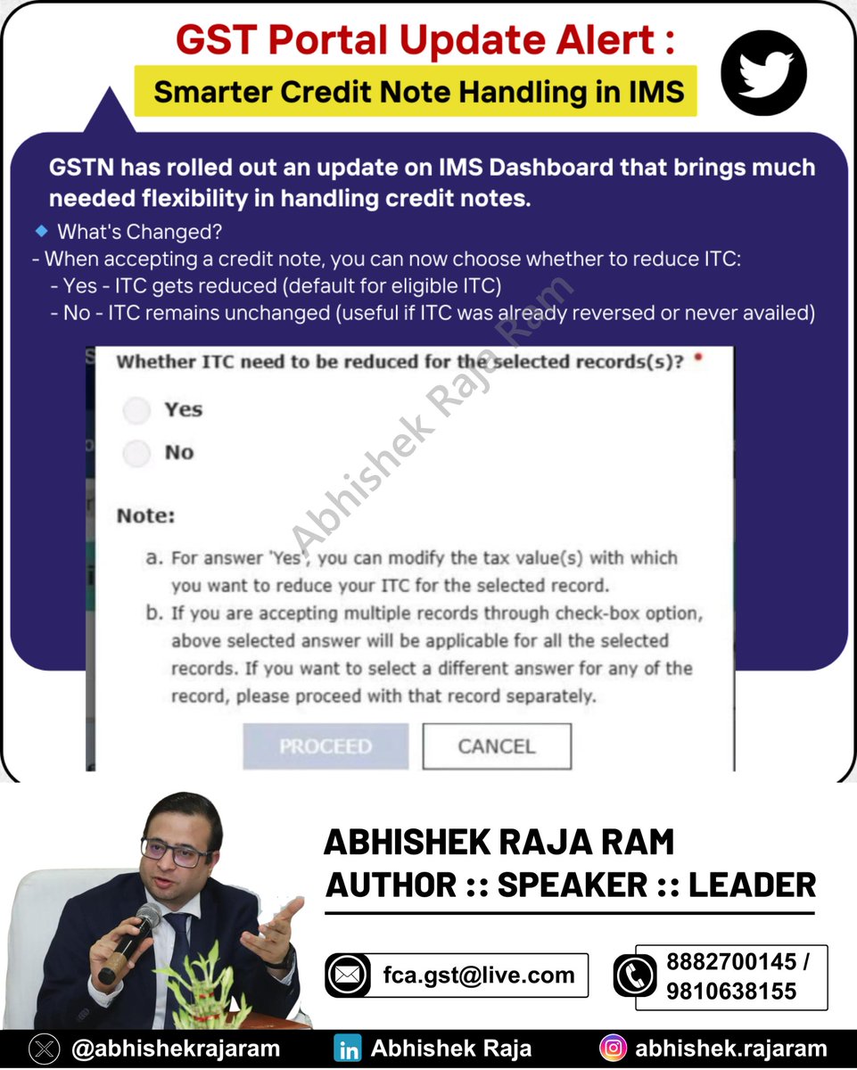 abhishekrajaram's tweet image. IMS now allows smarter handling of credit notes—accept them with or without ITC reduction as applicable. More flexibility, better compliance.

#GSTUpdate #IMS #ITC #GSTPortal #TaxUpdates