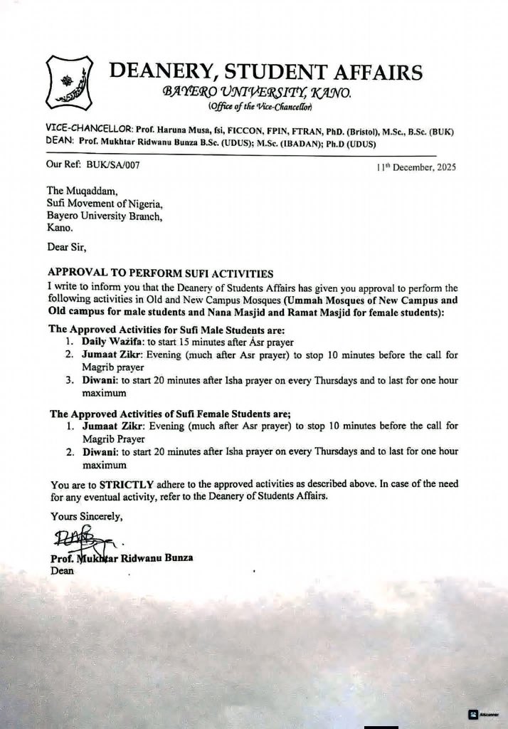 Alhamdulillahi, the deanery of student affairs in Bayero university has granted Tijjaniyya movement the license to perform their daily Wazifa, Juma’at Zikr and Diwani in the mosque at both new and old sides. We will begin to organize Maulid in the campus sooner than later.