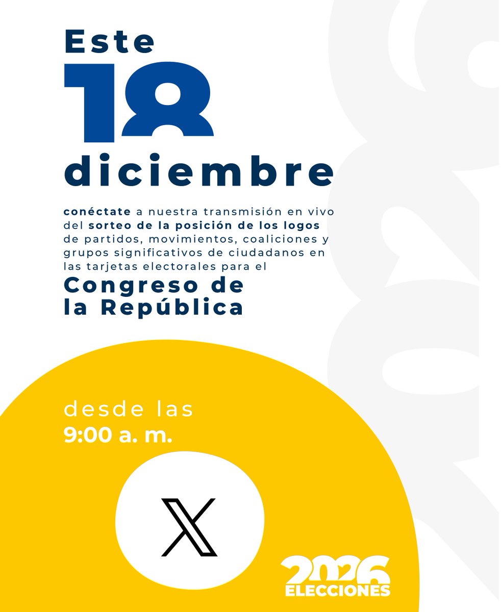 Registraduria's tweet photo. No te pierdas nuestra transmisión en vivo del sorteo de asignación de posición en las tarjetas electorales para Congreso de la República. #Elecciones2026🇨🇴 

➡️ https://t.co/lJMQnFVa99 https://t.co/9d8qnWIjlu