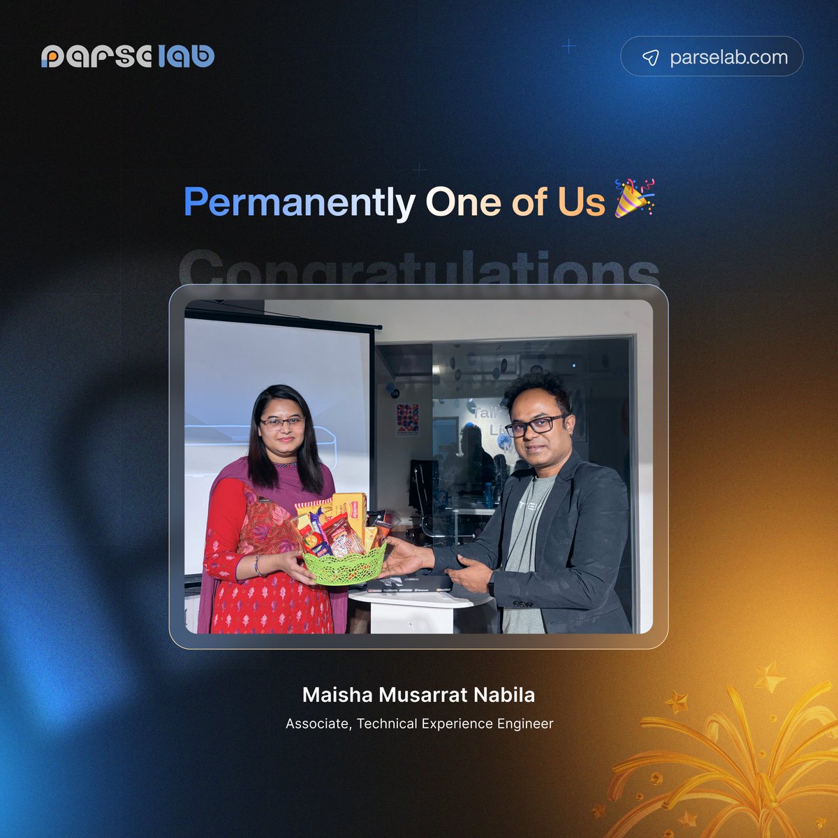 parselabllc's tweet photo. 𝗖𝗲𝗹𝗲𝗯𝗿𝗮𝘁𝗶𝗻𝗴 𝗔 𝗠𝗶𝗹𝗲𝘀𝘁𝗼𝗻𝗲, 𝗪𝗲𝗹𝗹-𝗘𝗮𝗿𝗻𝗲𝗱!
Congratulations, Maisha.

Every milestone tells a story of endless dedication & effort, Maisha Musarrat Nabila exemplifies both.

As an Associate Technical Experience Engineer, she has consistently shown responsibility, problem-solving ability, and a strong commitment to quality. Today, we proudly welcome her permanently one of us, along with a heartfelt reward.

Here’s to many more milestones ahead, Maisha!

#Parselab #TeamParselab #MilestoneAchievement