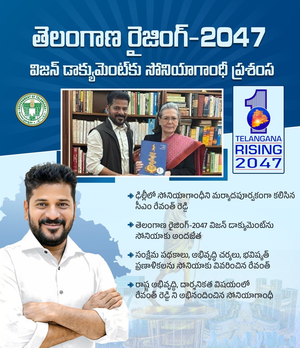 Gulabi_Ratnalu's tweet photo. తెలంగాణ రైజింగ్-2047 విజన్ డాక్యుమెంట్పై సోనియాగాంధీ ప్రశంసలు, రాష్ట్ర అభివృద్ధి & భవిష్యత్ ప్రణాళికలపై రేవంత్ రేడీని అభినందించగా #TelanganaRising2047 #RevanthReddy #SoniaGandhi #TelanganaDevelopment #VisionDocument https://t.co/GYbeBdR6eh