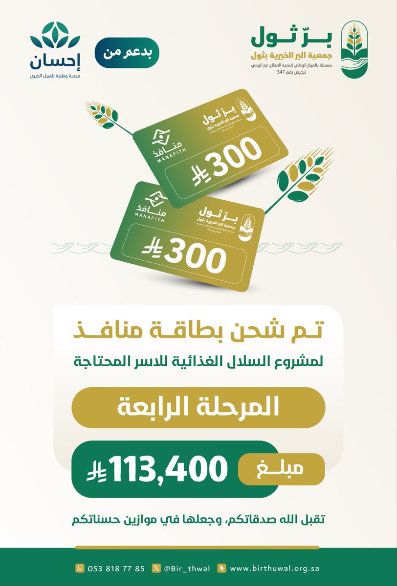 Bir_thwal's tweet image. بدعم كريم من #منصة_إحسان
تم شحن بطاقة منافذ لمستفيدي الجمعية وذلك لـ #مشروع_السلال_الغذائية للاسر المحتاجة
💳📦
🔹 المرحلة الرابعة : 113,400 ريال

نسأل الله أن يتقبل من المتبرعين ويجزيهم خير الجزاء 🌿

#جمعية_البر_بثول #العمل_الخيري #السلة_الغذائية #الخير_في_وطننا #ثول