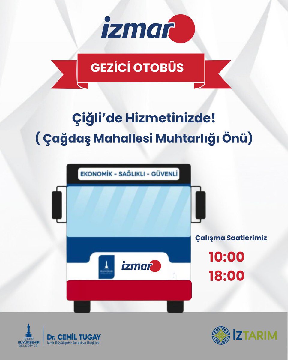 Gezici Otobüs Çiğli Çağdaş Mahallesi’nde!

📍Çağdaş Mahallesi Muhtarlığı Önü
⏰ 10:00 - 18:00 (Pazar günü kapalıyız.)