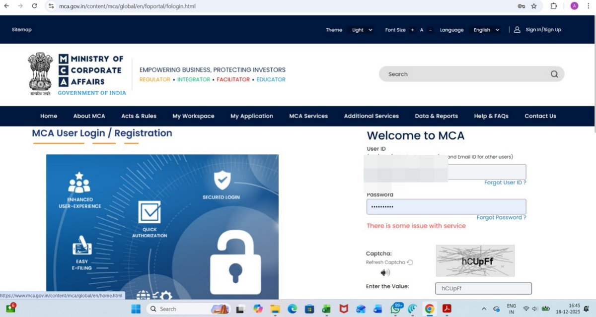 ArpitDesai9's tweet photo. Dear @MCA21India,
Love how your portal shows ‘There is some issue with service’ right when annual filing due dates are breathing down our necks. Truly an ‘enhanced user experience’ and ‘easy e‑filing’ masterclass. Any chance the ‘secured login’ can first become a ‘working login’? https://t.co/QPgGDfrXYa