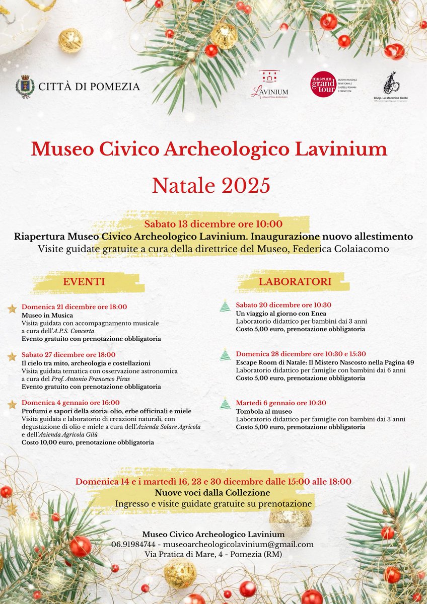 𝐍𝐚𝐭𝐚𝐥𝐞 𝐚𝐥 𝐌𝐮𝐬𝐞𝐨 𝐋𝐚𝐯𝐢𝐧𝐢𝐮𝐦!
Vi presentiamo la 𝐥𝐨𝐜𝐚𝐧𝐝𝐢𝐧𝐚 𝐧𝐚𝐭𝐚𝐥𝐢𝐳𝐢𝐚 con la 𝐩𝐫𝐨𝐠𝐫𝐚𝐦𝐦𝐚𝐳𝐢𝐨𝐧𝐞 𝐝𝐞𝐥𝐥𝐞 𝐚𝐭𝐭𝐢𝐯𝐢𝐭𝐚' pensate per vivere insieme la magia delle feste .
#MuseoLavinium #Pomezia #Natale #Adulti #Bambini #Laboratori