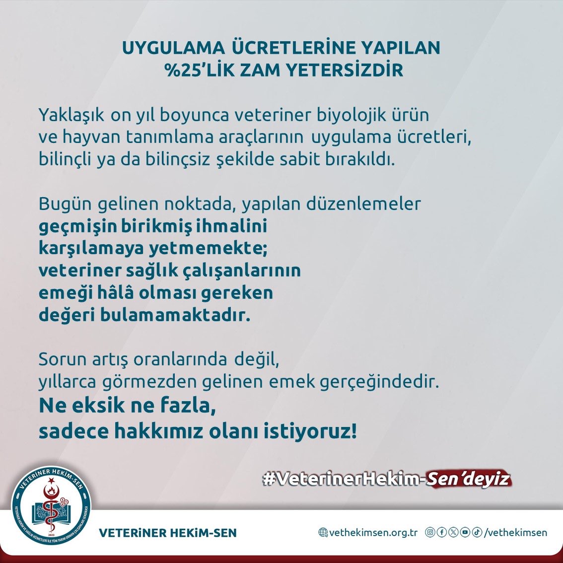 UYGULAMA ÜCRETLERİNE YAPILAN %25’LİK ZAM YETERSİZDİR

Yaklaşık on yıl boyunca veteriner biyolojik ürün ve hayvan tanımlama araçlarının uygulama ücretleri, bilinçli ya da bilinçsiz şekilde sabit bırakıldı.

Uzun süre düşük tutulan bir taban üzerinden yapılan zamlar, oran olarak