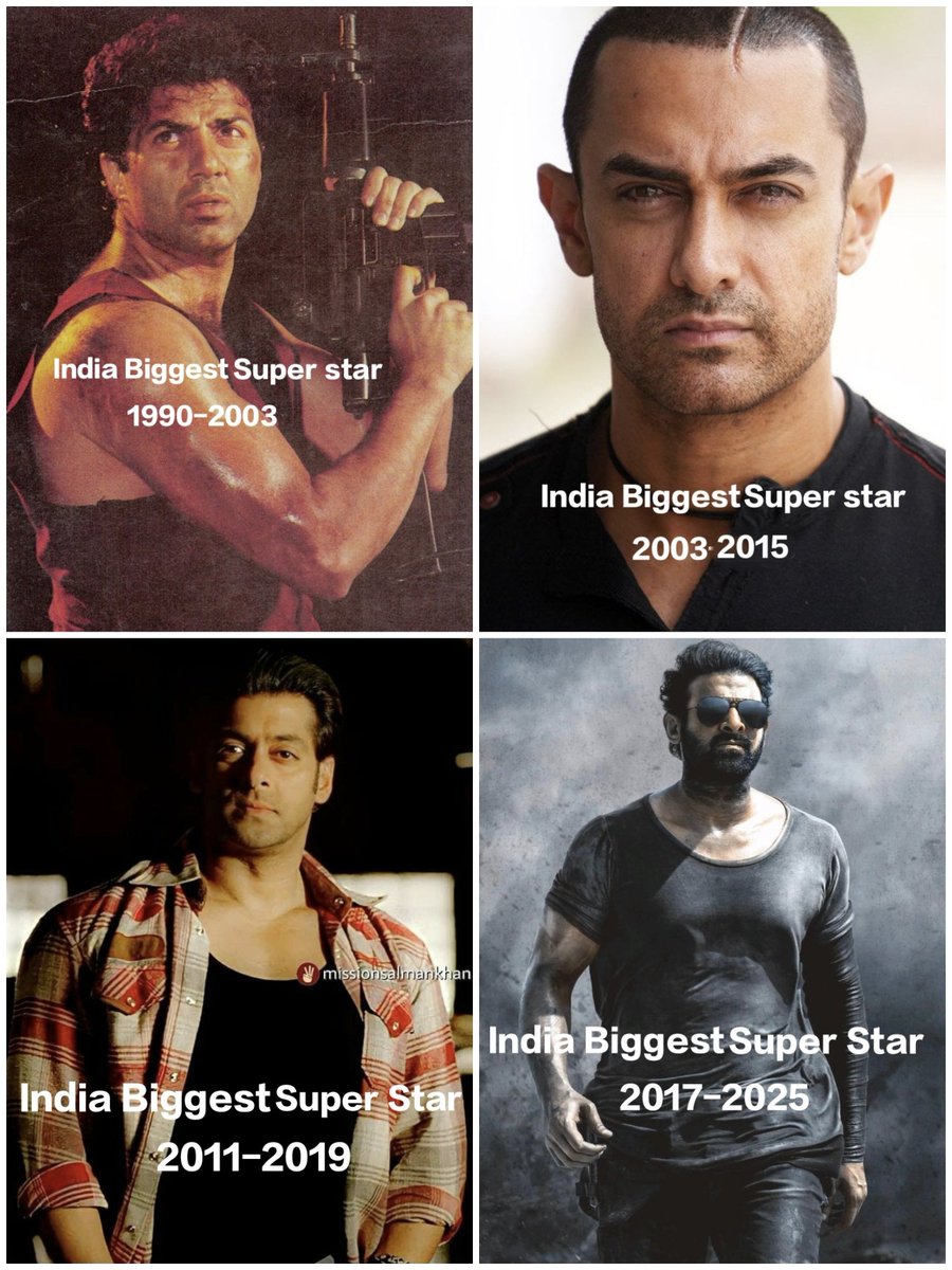 RahulGupta25376's tweet photo. India’s 4 Biggest Superstars Kings of Their Decades 🔥

90s belonged to Sunny Deol pure mass, raw power, the roaring Lion 🦁

2000s were ruled by Aamir Khan cinema’s perfectionist mind

2010s saw Salman Khan unstoppable box office dominance

2020s belong to Prabhas  the pan-India phenomenon shaping a new era 

After 2023, Sunny Deol, Ranbir Kapoor, Ranveer Singh, Prabhas, and Salman Khan are ruling Indian cinema  and they will continue to dominate all the way till the 2030s. 🔥👑

Different generations. Different strengths. One era of absolute stardom.
