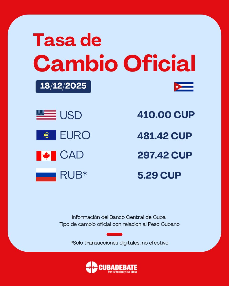 🏦💲 Cubadebate comparte con sus lectores, la nueva tasa oficial, para este 18 de diciembre.

cubadebate.cu/noticias/2025/…