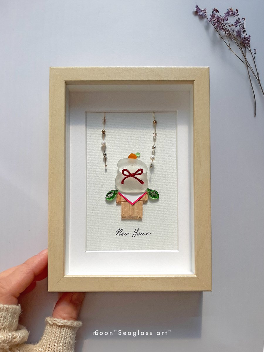 ＊夜桜ムーン＊シーグラスアート シーグラスアート『三日月とうさぎ②✩.*˚』☆ハガキサイズ☆ 夜桜