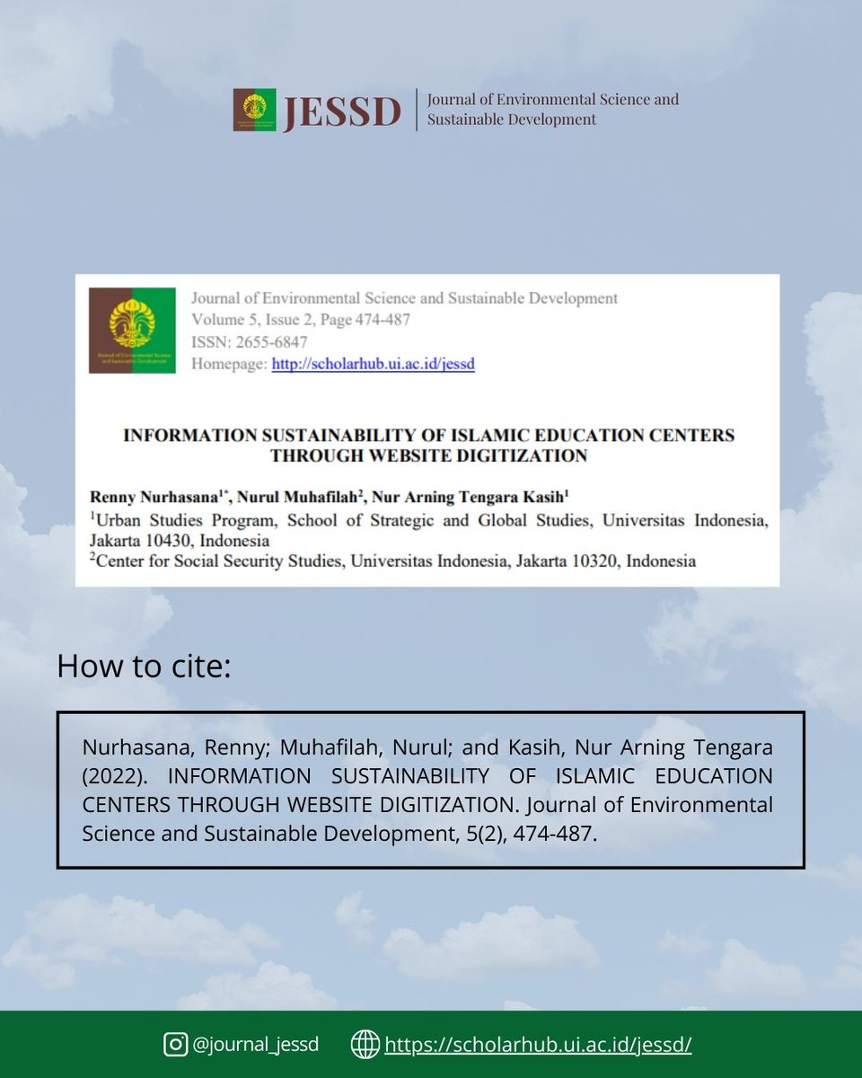 JournalJESSD's tweet image. INFORMATION SUSTAINABILITY OF ISLAMIC EDUCATION CENTERS THROUGH WEBSITE DIGITIZATION

Scopus link: scopus.com/pages/publicat…

Paper link: scholarhub.ui.ac.id/cgi/viewconten…

#JESSD #EnvironmentalScience #Research
