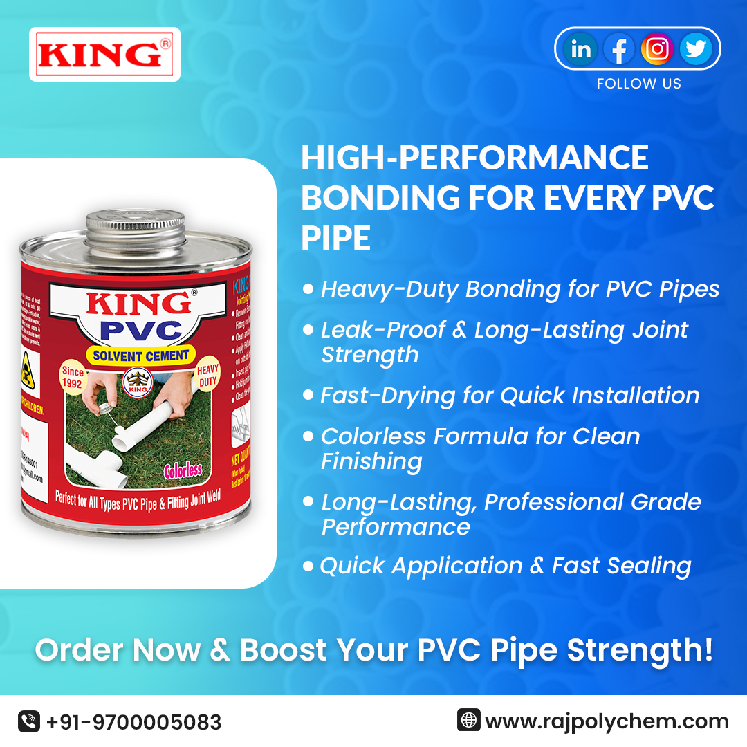 rajpolychem's tweet image. High-performance bonding for every PVC pipe.
Strong, fast-drying &amp;amp; leak-proof — trusted since 1992.
📞 +91 9700005083 | 🌐 rajpolychem.com
#KING #PVCBonding #PlumbingSolutions #Since1992