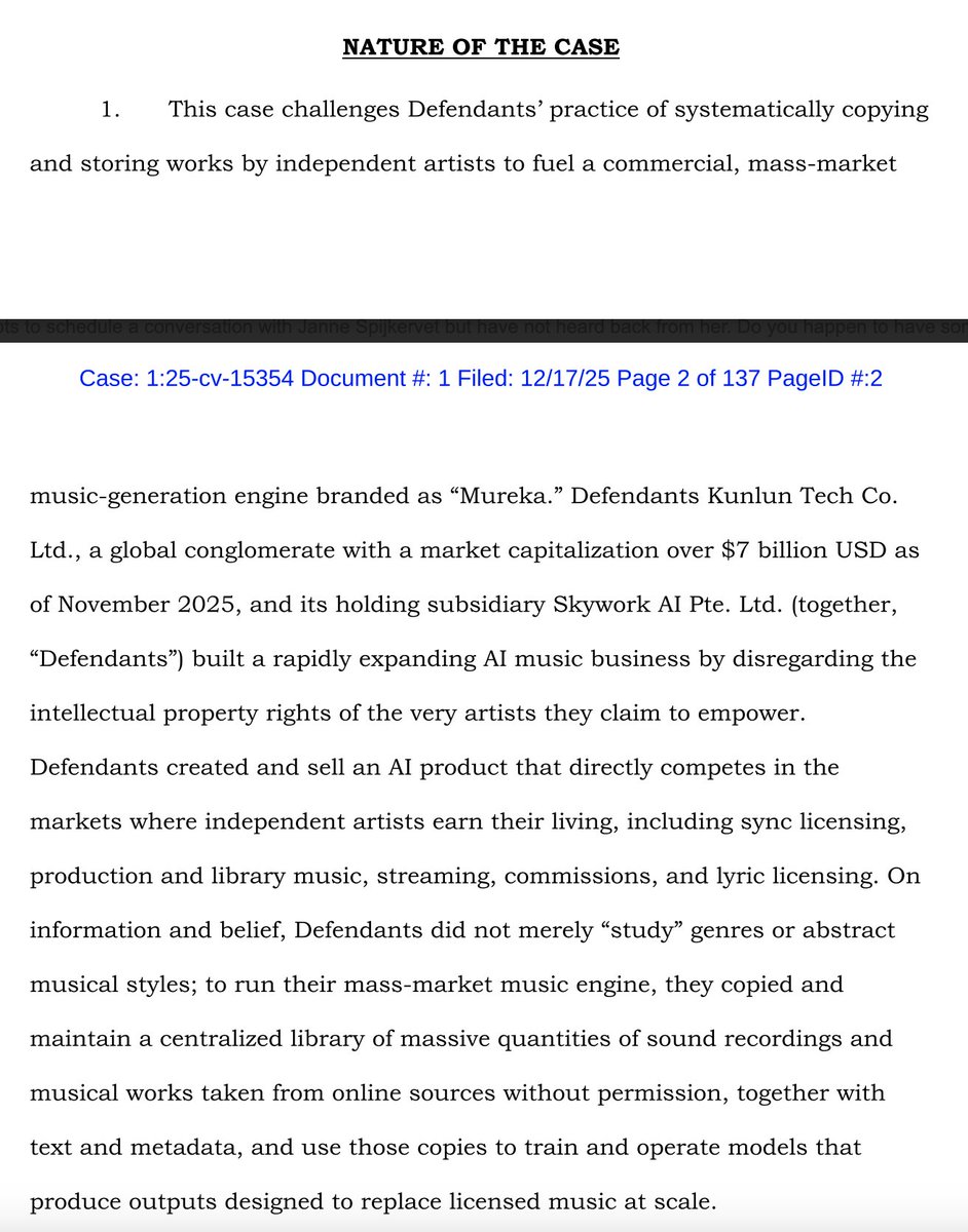 New copyright lawsuit just dropped.

It's a class action lawsuit brought by independent musicians against AI music product Mureka.

It alleges Mureka systematically copied &amp; stored musicians' work to create a product that competes with them.

"Unlike lawsuits brought by major