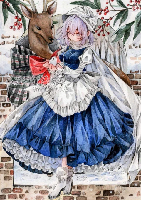 #アナログイラスト #水彩イラスト #東方Project #レティ・ホワイトロック レティさんと鹿と雪うさぎ 雰囲気がクリスマスっぽいですが、トナカイではなく鹿です…!! この時期になると南天の実が描きたくなりますあのまん丸の赤い実が可愛くてとても好きです( *'꒳`* )