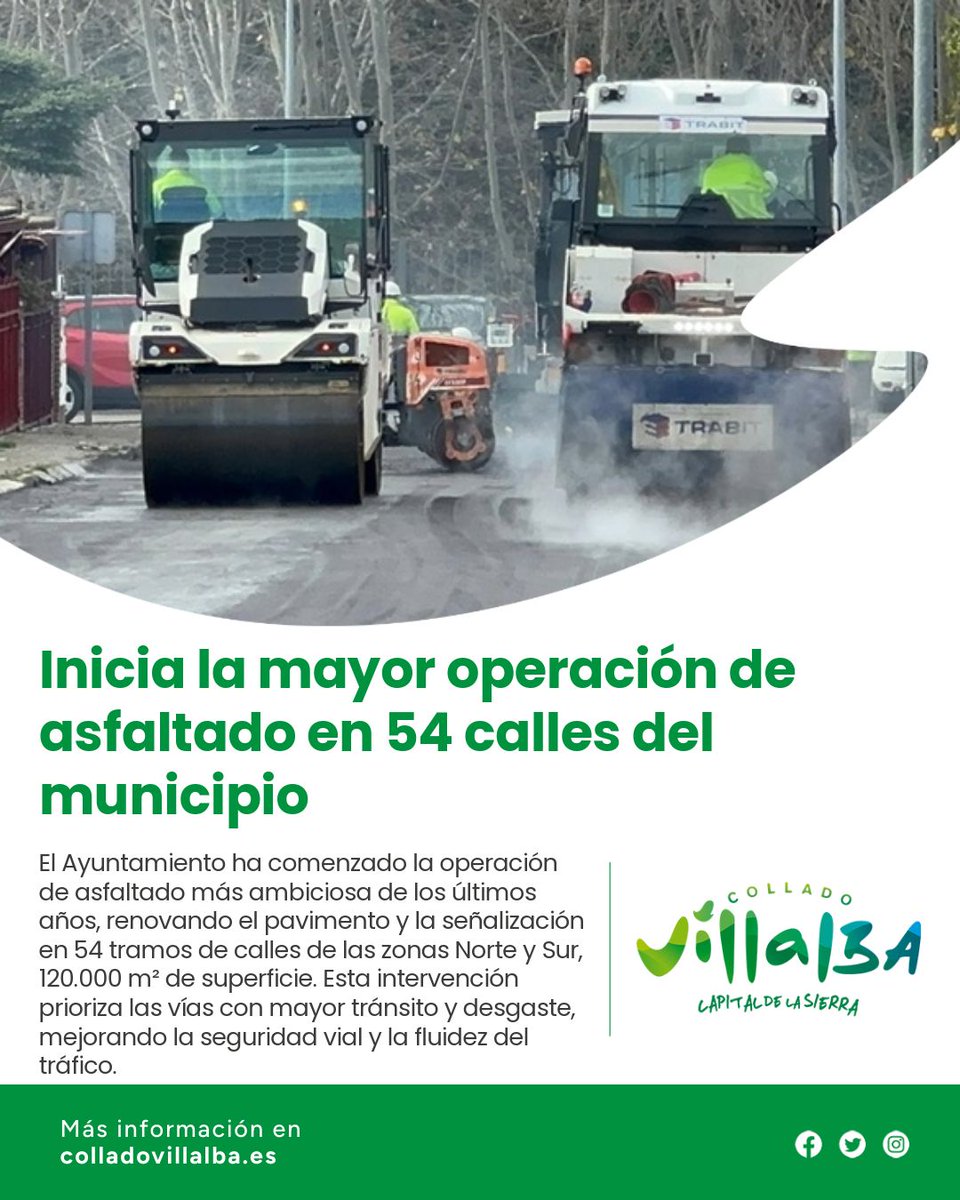 🚧 ¡Ya está en marcha la gran renovación de nuestras calles!

Asfaltamos 54 tramos por todo el municipio.
Nuevo pavimento y mejor señalización para una movilidad más segura.

👉 Priorizamos las vías más transitadas.

#ColladoVillalba