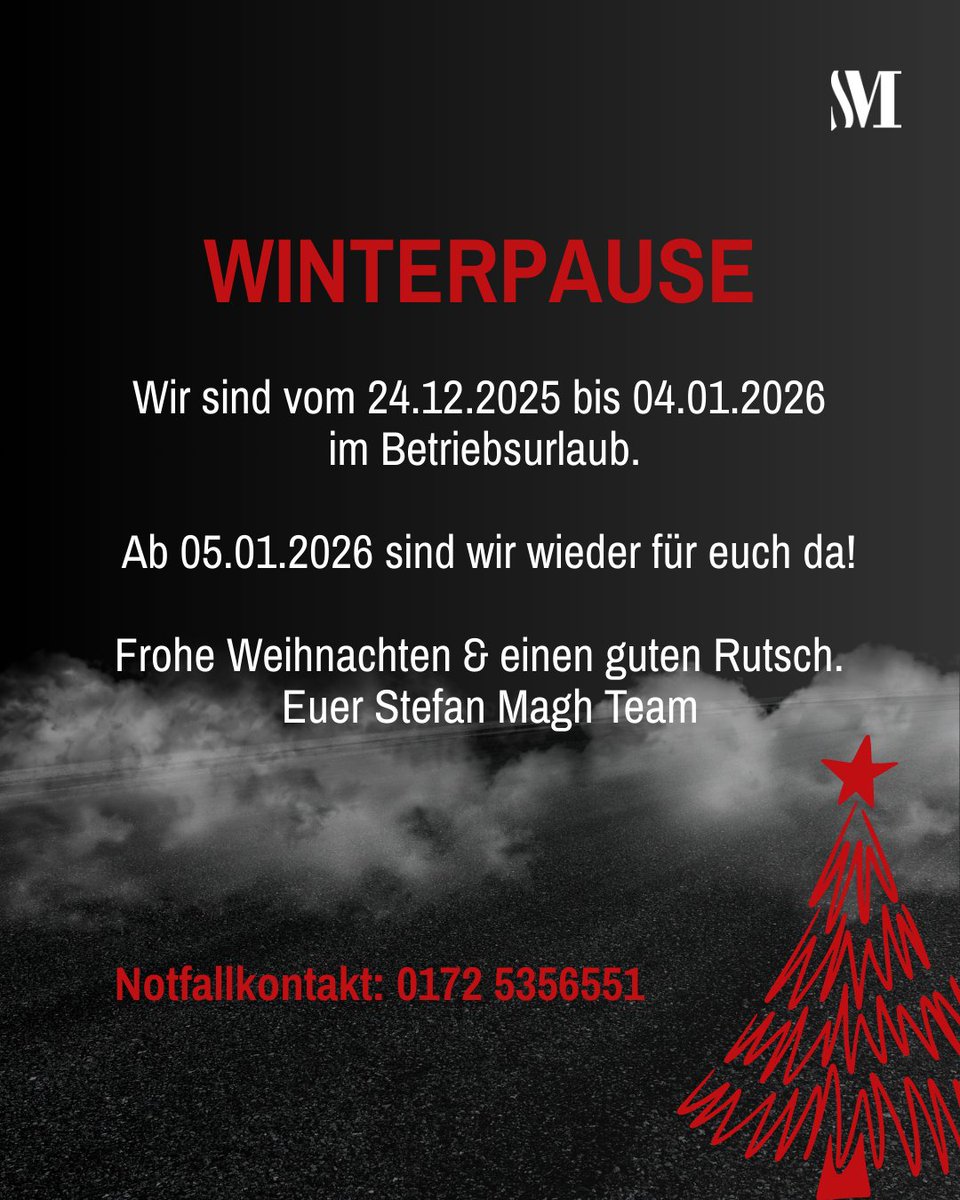 🎄 Liebe Kundschaft,
wir sind vom 24.12.25– 04.01.26 im Urlaub.
Ab dem 05.01.26 sind wir wieder für euch da.
Frohe Weihnachten 🎅 &amp; einen guten Rutsch 🎆
Euer Stefan Magh Team
📞 Notfall: 0172 5356551
 #StefanMaghAutomobile #Weihnachtspause #FroheWeihnachten #GutenRutsch