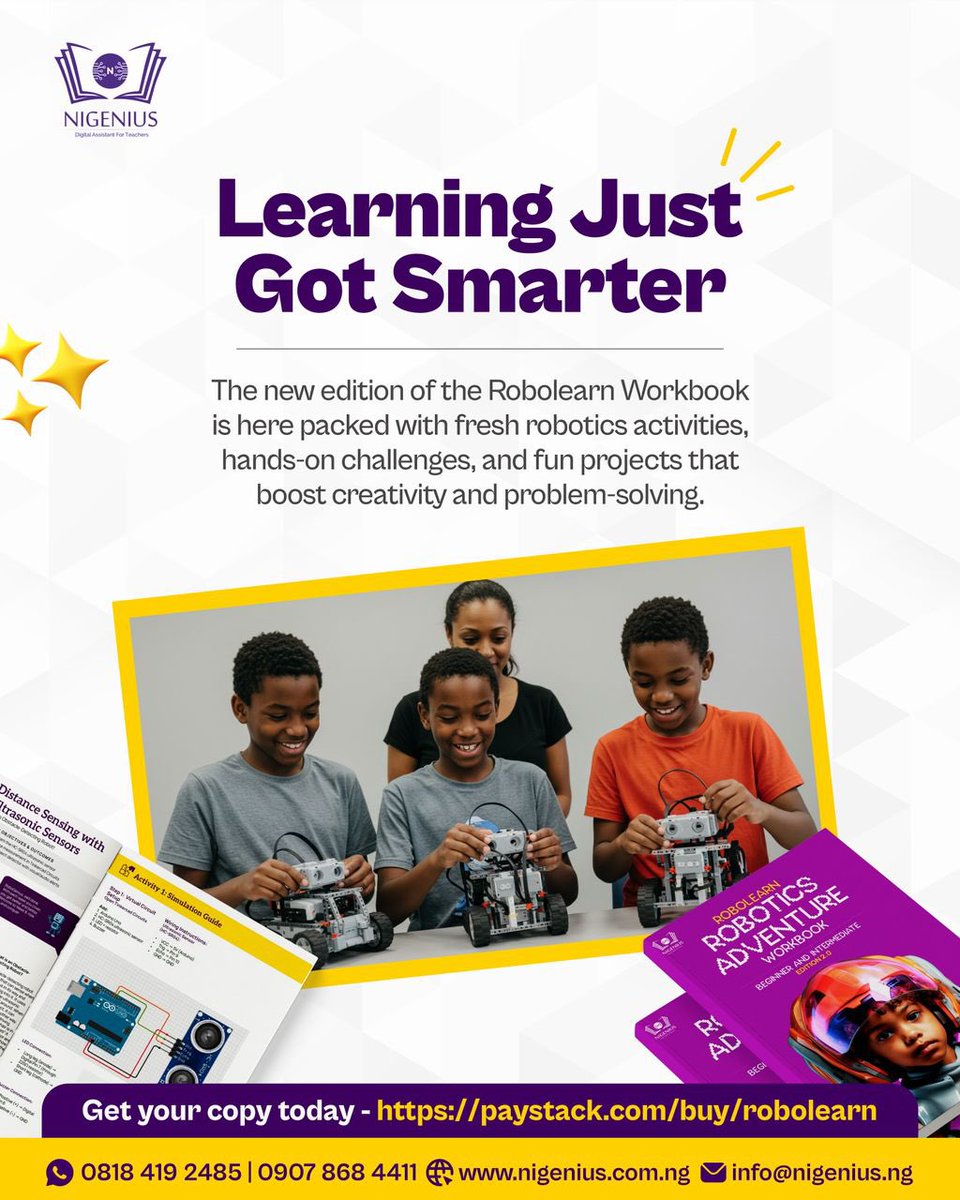 nigenius's tweet image. Build a child who doesn’t just use technology—but creates it 🤖✨
Our Robotics Tutoring, RoboLearn Workbook, and Genius Box are designed to help kids learn robotics step-by-step with hands-on fun.

👉 Enroll for robotics tutoring
👉 Get the RoboLearn Workbook &amp;amp; Geniusbox
