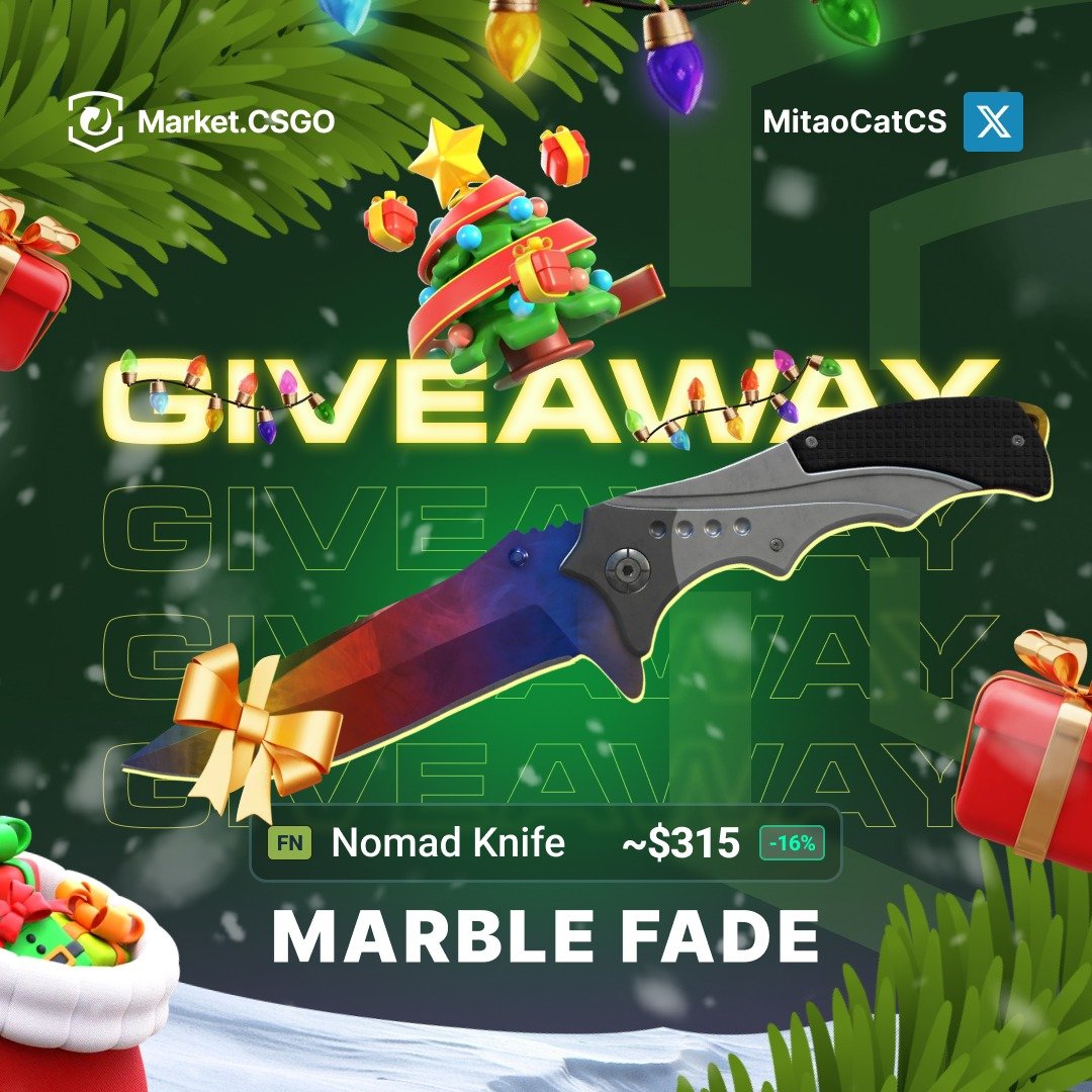 🎁 Nomad Knife | Marble Fade FN 🎁

🫰How to Enter:
1️⃣ Follow <a href="/MarketCSGOcom/">Market.CSGO</a> + <a href="/MitaoCatCS/">MitaoCatCS</a>
2️⃣ Like and Retweet this post
3️⃣ Tag at least one of your teammate under the comment section.

💥 Winner will be announced on December 25th. 
⏰ Don't miss your shot at this epic skin! Good