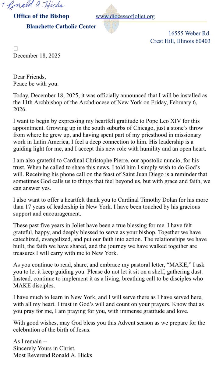 In letter to Joliet, Archbishop Hicks reveals he received the call to be Archbishop of New York on December 9, the feast of St. Juan Diego, saying that it “is a reminder that sometimes God calls us to things that feel beyond us, but with grace and faith, we can answer yes.”