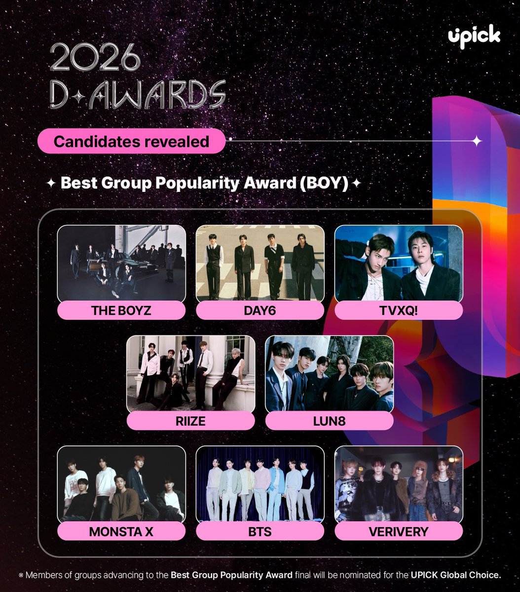 kbgmedia's tweet photo. Nominees for "Best Boygroup Popularity Award" at 2026 D Awards (1/2) https://t.co/cZnNXa0vov