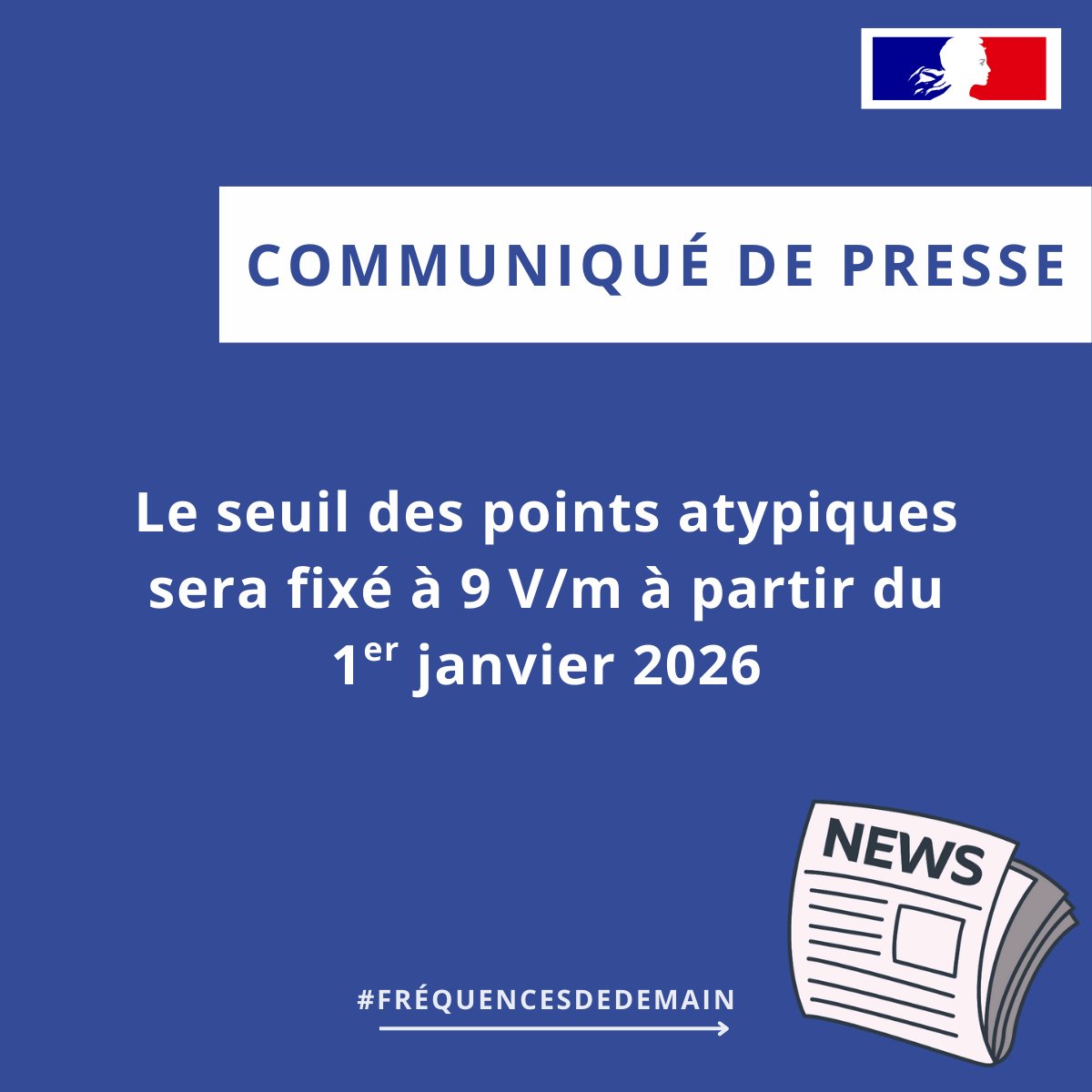 📰Le seuil des points atypiques sera fixé à 9 V/m à partir du 1er janvier 2026

Pour en savoir plus 👉anfr.fr/liste-actualit…