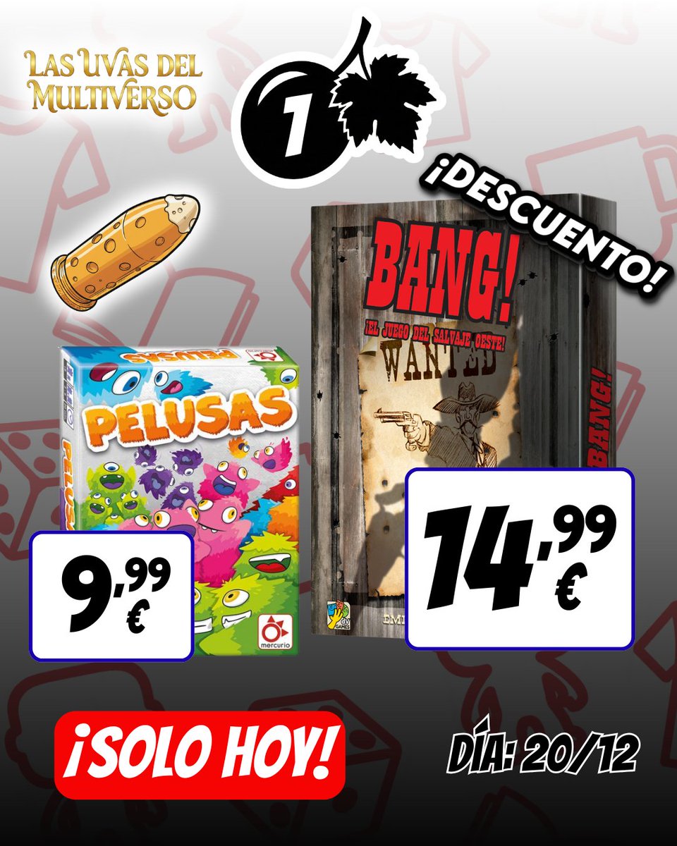 comicstores's tweet photo. 🍇 ¡Arrancan las Uvas del Multiverso! Hoy Bang! y Pelusas a un precio de locos.
🤠 Solo durante 24h en la web: pilla la oferta y desbloquea la receta de "Balas de Gouda".
👇 ¡Desenfundad rápido! https://t.co/KUAncP1pGV
#JuegosDeMesa #Bang #Pelusas #BoardGames #OfertasFlash https://t.co/jCCJ1kvYu7