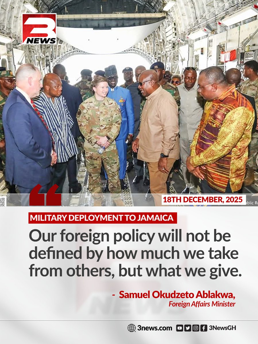 tv3_ghana's tweet photo. Foreign Minister Samuel Okudzeto Ablakwa says Ghana’s foreign policy will be defined not by what it takes, but by what it gives, referencing the military deployment to Jamaica.

#3NewsGH #TV3GH https://t.co/EX3abIzCn8