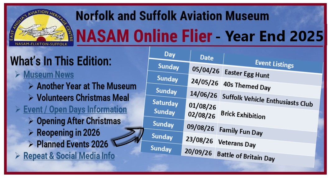 𝗡𝗼𝗿𝗳𝗼𝗹𝗸 𝗮𝗻𝗱 𝗦𝘂𝗳𝗳𝗼𝗹𝗸 𝗔𝘃𝗶𝗮𝘁𝗶𝗼𝗻 𝗠𝘂𝘀𝗲𝘂𝗺 𝗕𝗟𝗢𝗚
In this issue, we have the Chairman's year-end note, Volunteers' Christmas dinner photos, plus two more open days and event diary dates for 2026.

➡️ For more info, go directly to: wp.me/p8UmsH-7jg