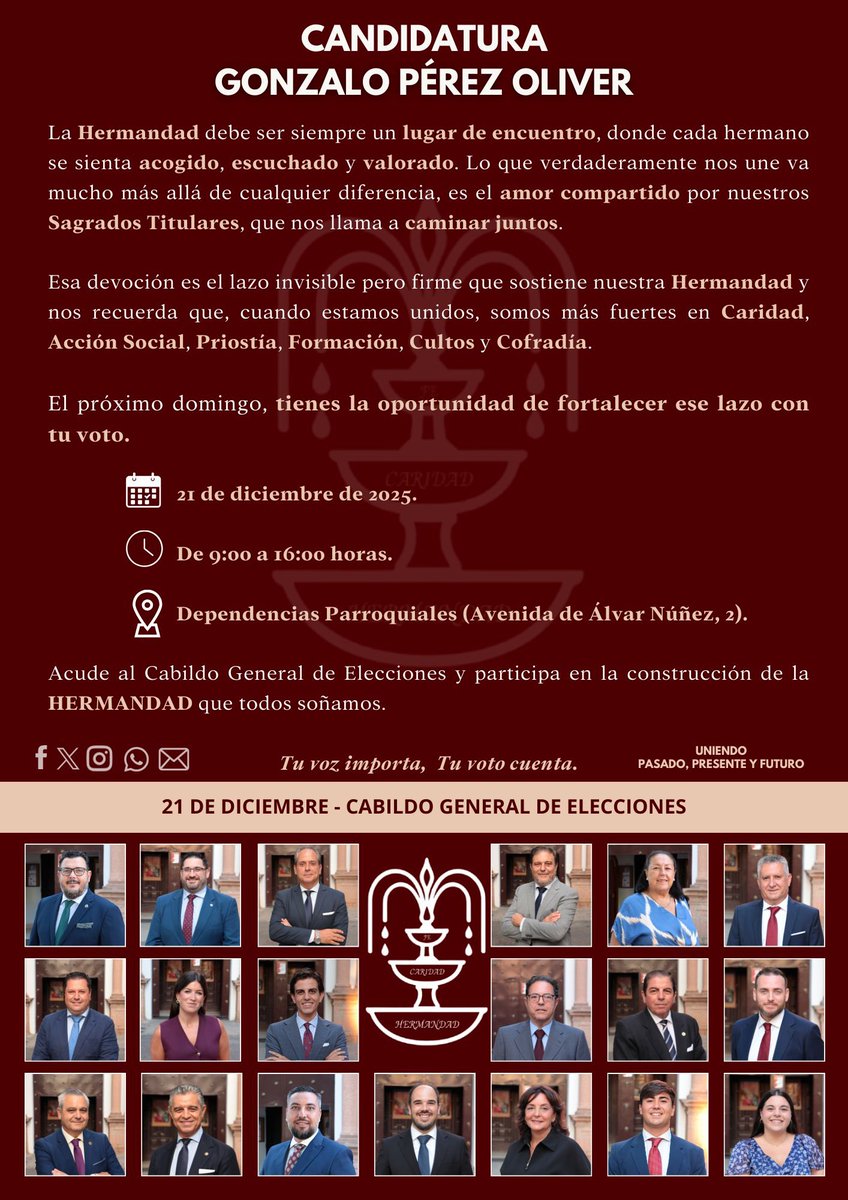 Llega el momento donde los hermanos tenemos la soberanía de decidir con el mejor de los propósitos nuestro destino en el gobierno de la hermandad para los próximos cuatro años.

Yo lo tengo muy claro.

Gonzalo Pérez Oliver es mi Hermano Mayor, y su equipo, mi JdG.

<a href="/cperezoliver/">Candidatura Gonzalo Pérez Oliver</a>
