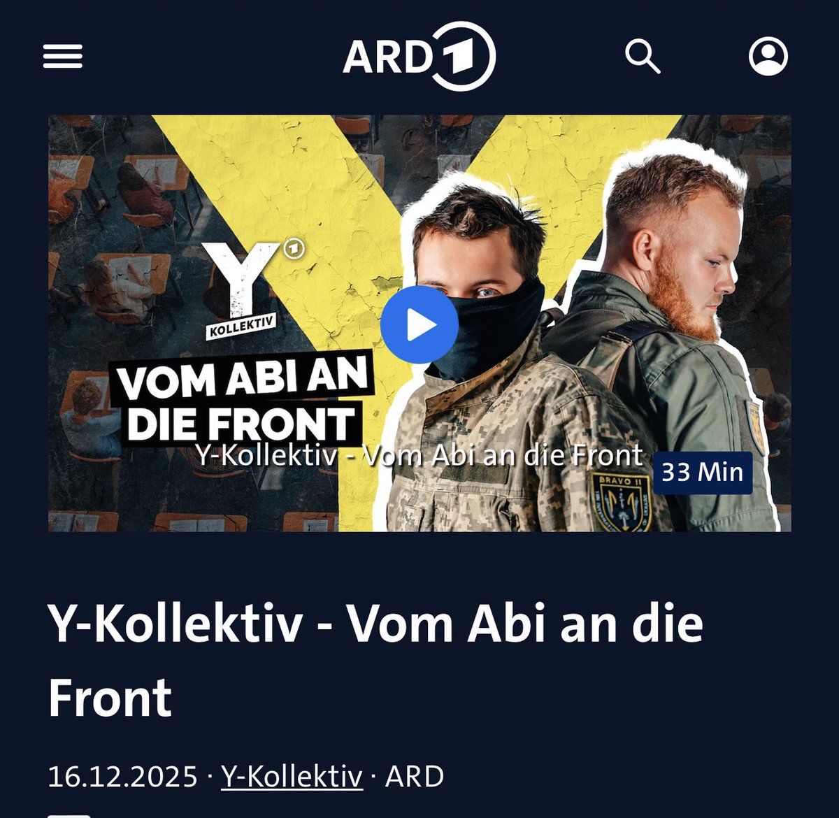 ARD-Wahnsinn ohne Grenzen: Während Hunderttausende Ukrainer desertieren, verpulvert der ÖRR Gebührengelder für eine halbstündige Heldenhymne auf deutsche Kriegs-Touristen. 

Das Y-Kollektiv der #ARD – immerhin finanziert von Zwangsgebühren – schickt tapfer Reporter an die Front,